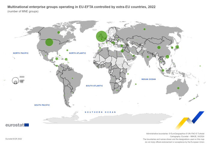 Bubble map showing multinational enterprise groups operating in EU-EFTA controlled by extra-EU countries. Various countries on the world map have a bubble sized within ranges of the number of MNE groups for the year 2022.