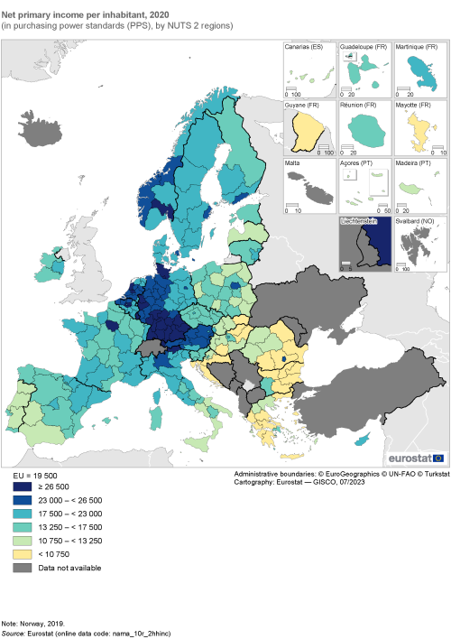 Map showing net primary income per inhabitant in PPS in the EU and surrounding countries by NUTS 2 regions. Each country region is colour-coded based on the PPS within certain ranges for the year 2020.