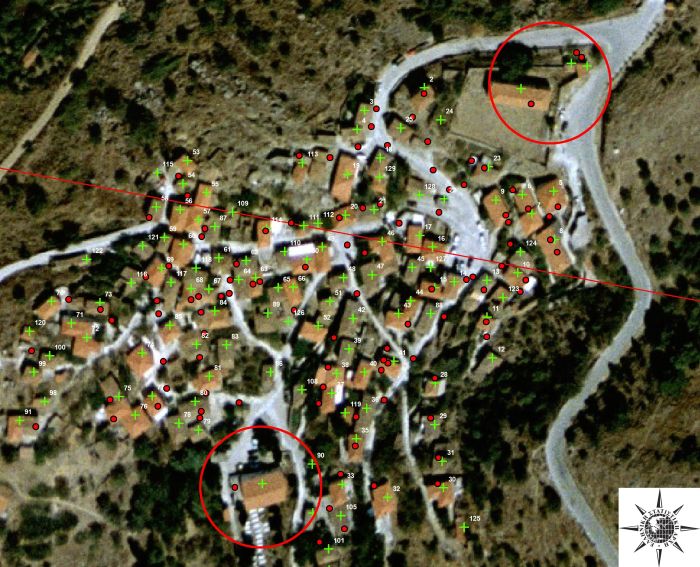 An aerial photo of Katalakkos settlement with potential buildings/locations marked together with collected locations from a tablet questionnaire.