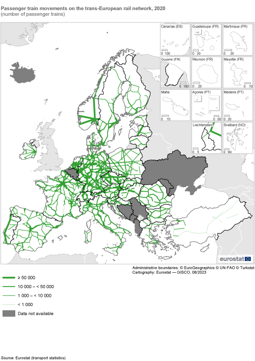 Map showing passenger train movements on the trans-European rail network in the EU and surrounding countries as number of passenger trains. Train network lines of varying thickness represent a range of numbered passenger trains for the year 2020.