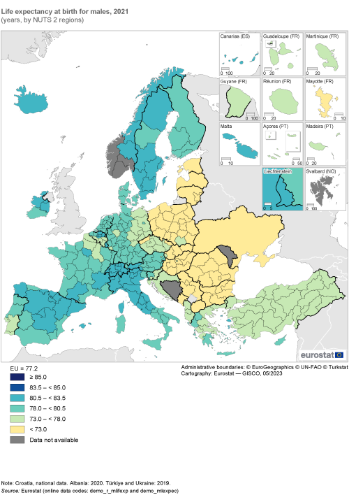 Map showing life expectancy at birth for males in years by NUTS 2 regions in the EU and surrounding countries. Each region is classified based on an age range for the year 2021.