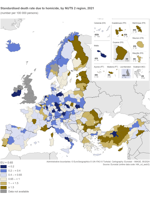 A map of Europe showing the standardised death rate due to homicide by NUTS 2 region, in 2021, as number per 100,000 persons. The map shows EU Member States and other European countries.