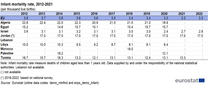a table showing infant mortality rate for 2012 to 2021 per thousand live births in the EU and the ENP-South region countries: Algeria, Egypt, Israel, Jordan, Lebanon, Libya, Morocco, Palestine and Tunisia.