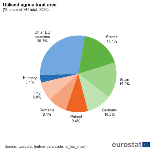 a pie chart showing the utilised agricultural area as a percentage share of the EU total in the year 2020 in some of the Member States.