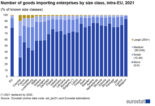 A stacked vertical bar chart showing the number of goods importing enteprises for intra-EU by size class for the year 2021. Data are shown as a percentage of known size classes for the EU and the EU Member States.