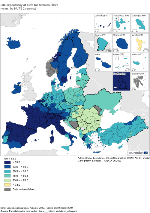 Map showing life expectancy at birth for females in years by NUTS 2 regions in the EU and surrounding countries. Each region is classified based on an age range for the year 2021.