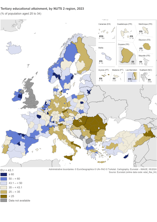A map of Europe showing tertiary educational attainment by NUTS 2 region, in 2023, as a percentage of the population aged 25 to 34. The map shows EU Member States and other European countries.