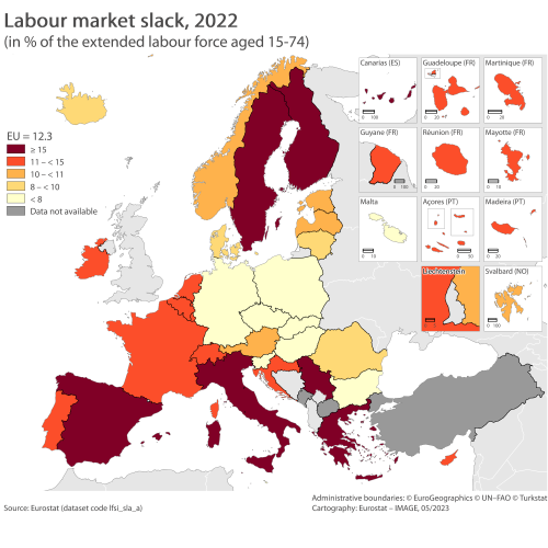 Map showing labour market slack in percentage of the extended labour force aged 15 to 74 years in the EU and surrounding countries for the year 2022. Each country is colour-coded within certain ranges.