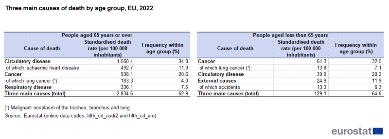 A table showing the three main causes of death. Data are analysed by age group: people aged 65 years or over and those aged less than 65 years. Data are shown for 2022 for the EU. The complete data of the visualisation are available in the Excel file at the end of the article.