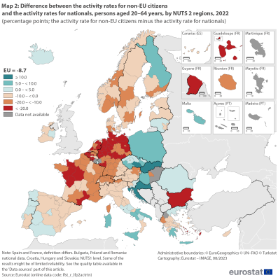 Map showing percentage points difference between the activity rates for non-EU citizens and the activity rates for nationals, persons aged 20 to 64 years by NUTS 2 regions in the EU and surrounding countries for the year 2022. Each NUTS 2 region is colour-coded based on ranges.