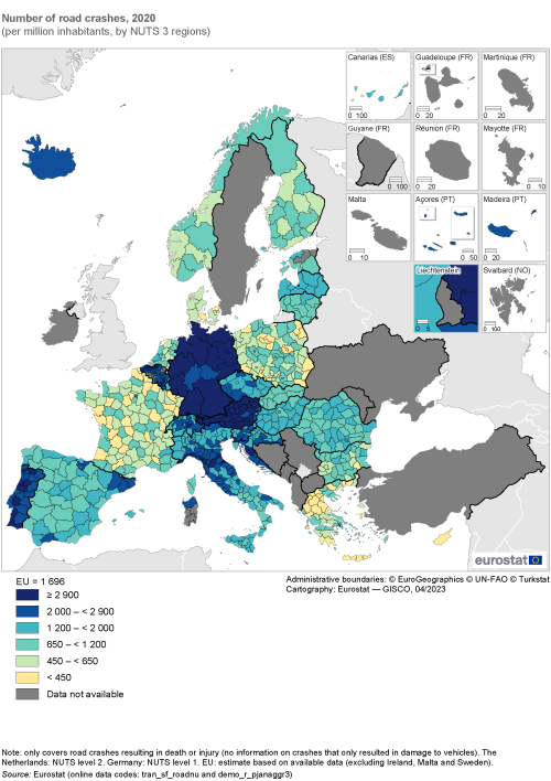 Map showing number of road fatalities per million inhabitants by NUTS 3 regions in the EU and surrounding countries. Each region is classified based on a range of inhabitants for the year 2021.