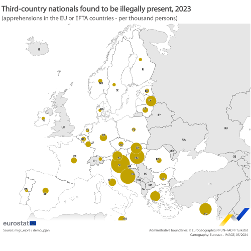 a table showing Map 1 Non-EU citizens found to be illegally present in the EU Member States or EFTA countries, 2023.