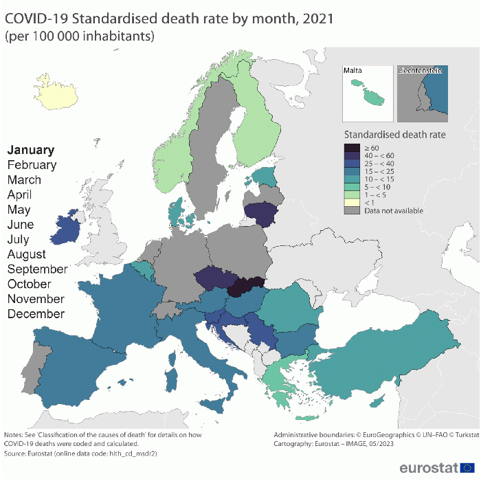 Map of Europe showing the standardised death rate for COVID-19 over 12 months in 2021, for 21 EU countries.