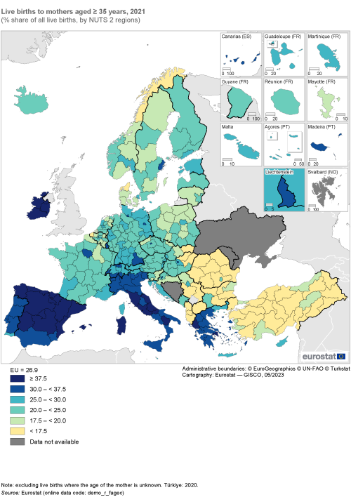 Map showing live births to mothers aged 35 year and over as percentage share of all live births by NUTS 2 regions in the EU and surrounding countries. Each region is classified based on a percentage range for the year 2021.