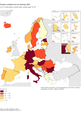 Map showing people available but not seeking in percentage of the total labour market slack aged 15 to 74 years in the EU and surrounding countries for the year 2022. Each country is colour-coded within certain ranges.