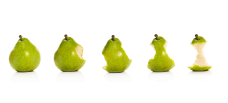 Four green pears ordered from left to right eaten from entire to core