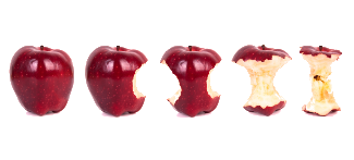 Four red apples ordered from left to right eaten from entire to core