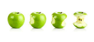 Four green apples ordered eaten from left to right from entire to core