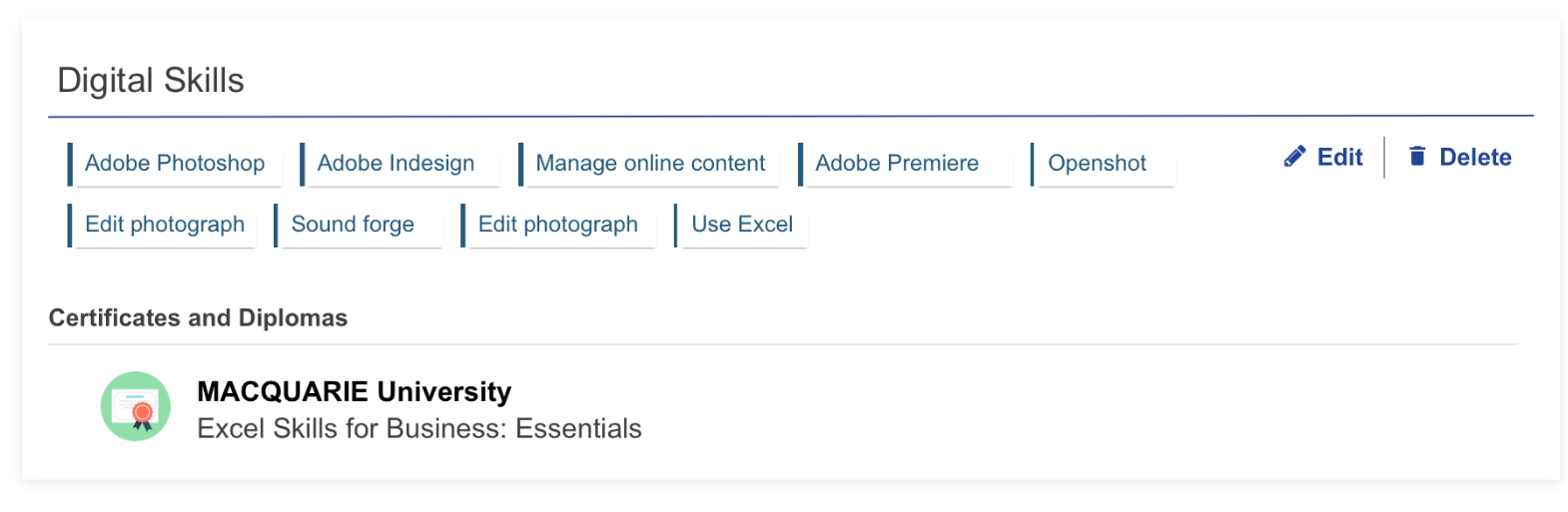 screen shot of the digital skills section on the europass profile