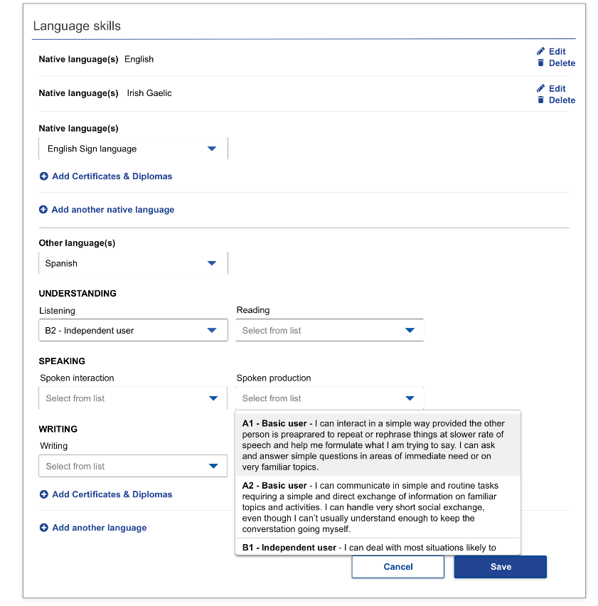 screen shot of language skills section on the europass profile