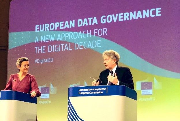 Fotografía de la vicepresidenta ejecutiva Margarethe Vestager y del comisario europeo de Mercado Interior Thierry Breton en una conferencia de prensa sobre la gobernanza europea de los datos.