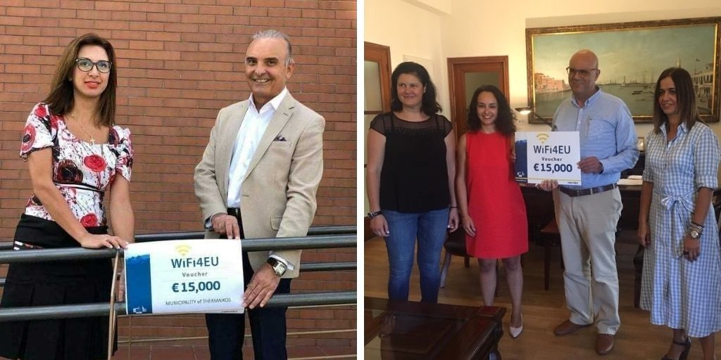 Two photos of Greek WiFi4EU beneficiaries holding a symbolic voucher