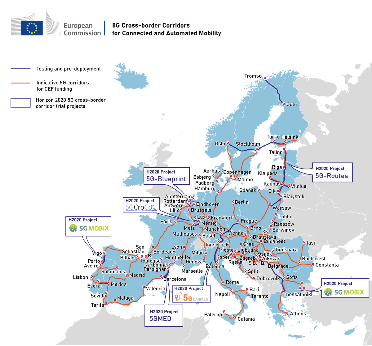 A map of 5G cross border corridors in Europe, including testing and predeployment, indicative corridors for CEF funding, and Horizon 2020 trial projects
