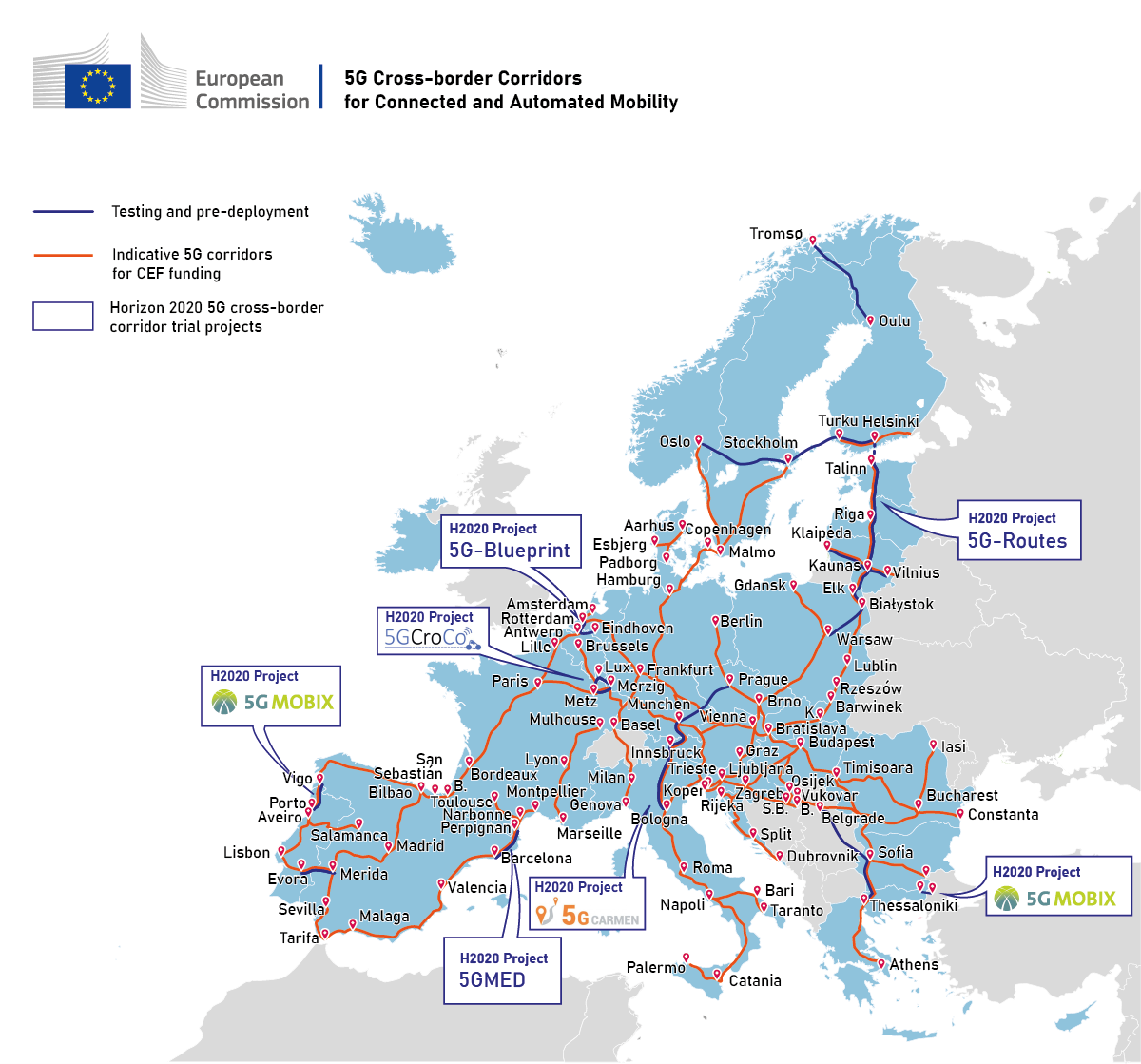 5G tarpvalstybinių koridorių Europoje žemėlapis, įskaitant bandymus ir išankstinį diegimą, orientacinius EITP finansavimo koridorius ir bandomuosius programos „Horizontas 2020“ projektus