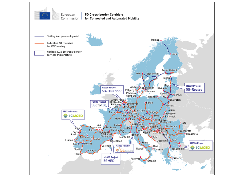Karte ar 5G pārrobežu koridoriem satīklotai un automatizētai mobilitātei Eiropā.