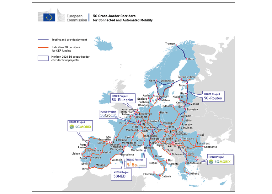 Et kort over de grænseoverskridende 5G-korridorer for opkoblet og automatiseret mobilitet i hele Europa.