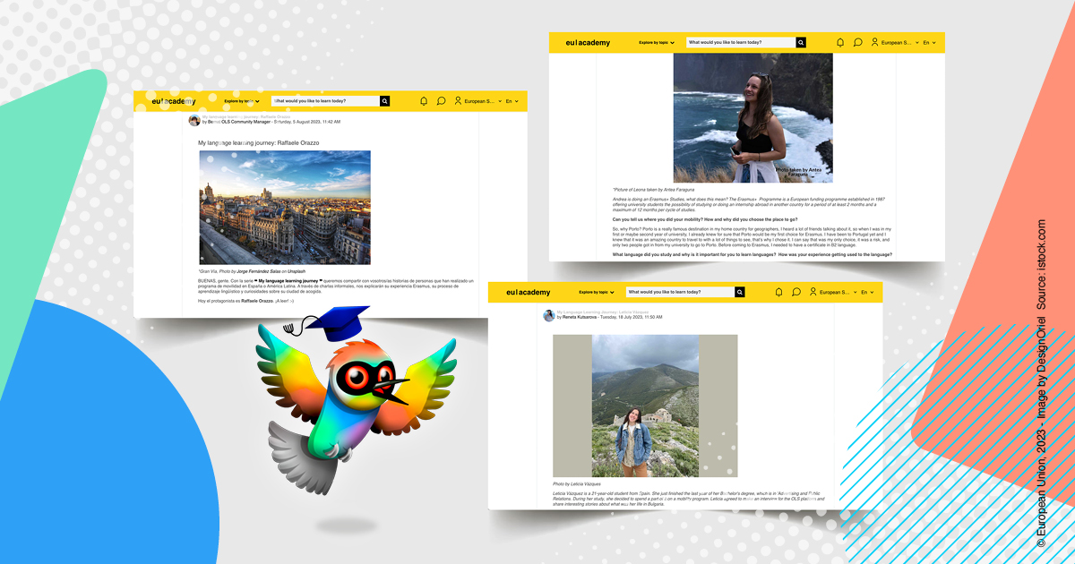 Three screenshots of blogs on the Online Language Support platform