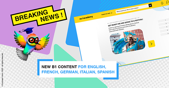 A screenshot of an OLS course entitled ‘What an event’, with the text ‘breaking news!’ and ‘new B1 content for English, French, German, Italian, Spanish’