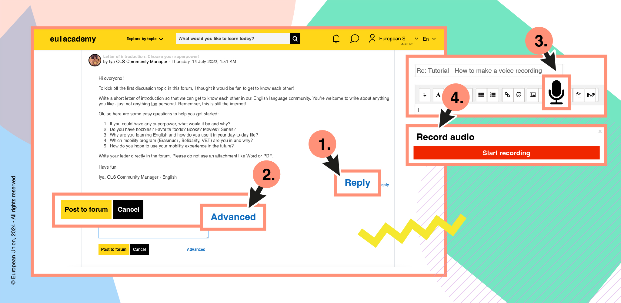 Screenshots of the Online Learning Support platform showing how to create a voice recording