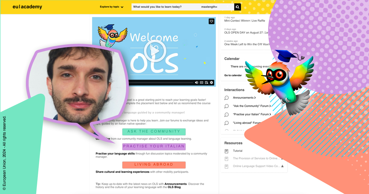 A photo of Gianluca, the Italian community manager on Online Language Support, over a screenshot of the OLS Italian community page.