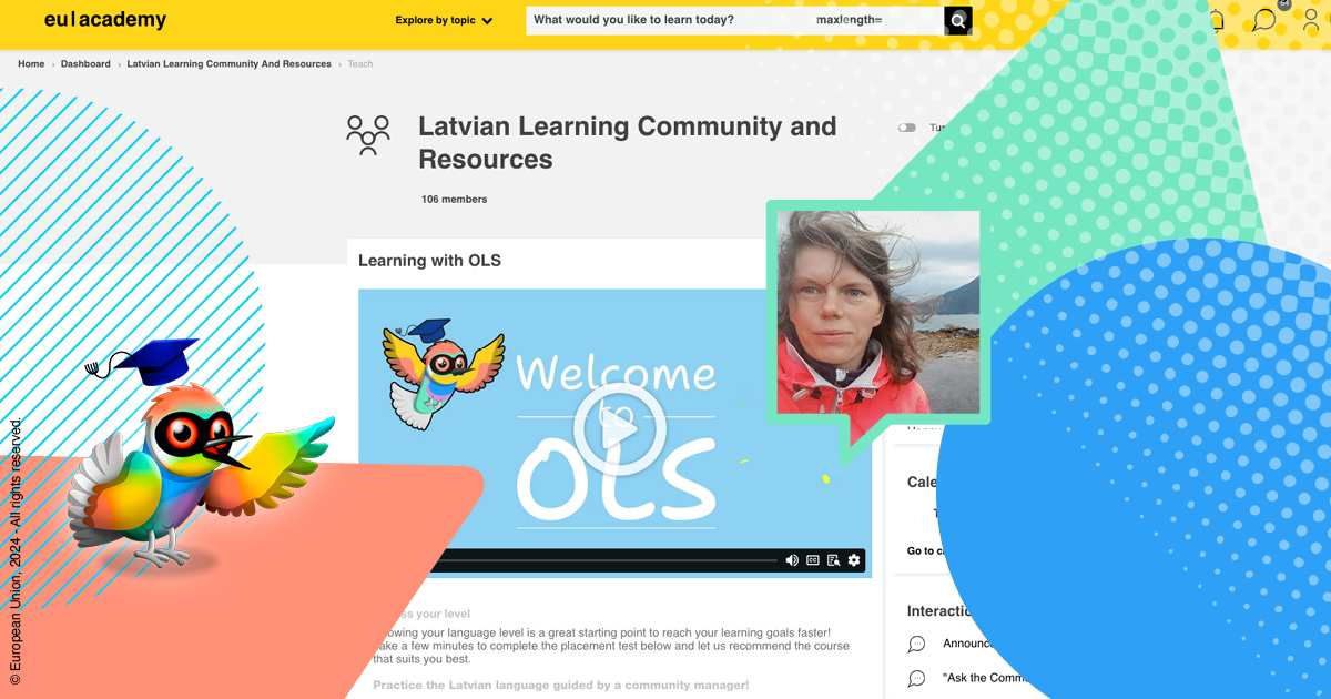 A screenshot of the OLS Latvian community page, with, inset, a photo of the Latvian community manager.