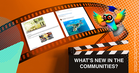 A strip of film showing two screenshots from the Online Language Support , and the text ‘what’s new in the communities?