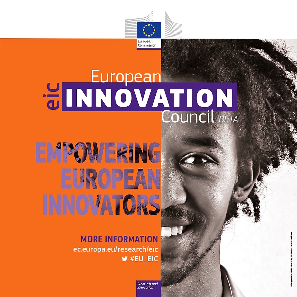 Graphic with a screen half filled with text on orange background "Empowering European Innovators" and half of a photo of young person
