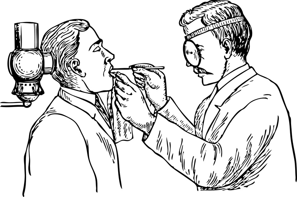 Old-time sketch of a dentist and his patient