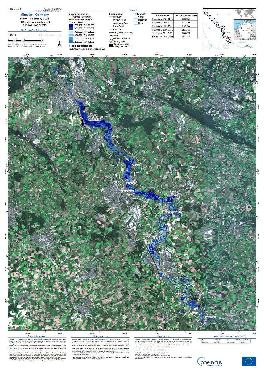 Ergebnis der Aktivierung der Risiko- und Wiederaufbaukartierung am Beispiel des Hochwassers in Münster im Februar 2021
