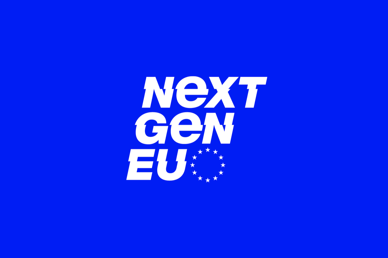 Next Gen EU Branding typography in italics against a blue background