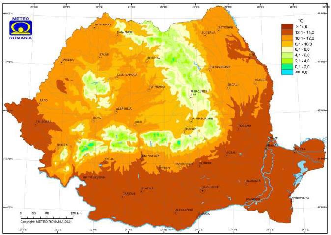 Figură: temperatura medie anuală a aerului în 2020 în România.