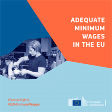 Visual with integrated photo that shows a woman preparing coffee and text Adequate Minimum wages in the EU, ©European Union