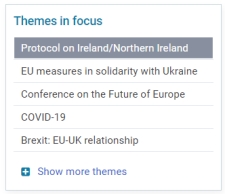 Screenshot of the EUR-Lex menu showing Themes in focus and EUR-Lex developments