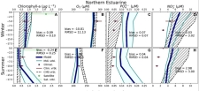 The performance of the high-resolution 3D biogeochemical model for the Adriatic Sea compared to historical data from EMODnet Chemistry and Copernicus. Specifically, vertical profiles for winter and summer for the concentrations of chlorophyll-a (A), oxygen (B), phosphate (C), and nitrate (D), for the ecoregions Northern Estuarine of the Adriatic Sea, Italy. The thick blue line is the model median, the cyan area is the model interquartile range, the red dots/lines are the EMODnet climatology median/interquartile range, the hatched areas are the profiles from the CMS reanalysis, the green dot/line is the CMS satellite observations median/interquartile range at the surface. The model vs. EMODnet bias and Root Mean Squared Difference (RMSD) are also reported.