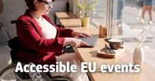Accessible EU title. A woman in a wheelchair closes a laptop