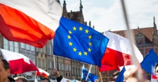 EU and Poland flags in a Pro-EU demonstration in Poland
