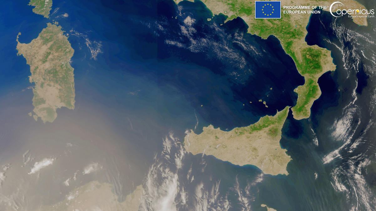 Saharan dust in the Mediterranean Sea, 30 June 2022. Credit: European Union 2022, Sentinel 3 imagery