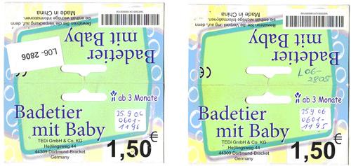 Photo of recalled product: Plastic baby toys - "Badetier mit Baby – ab 3 Monate" (Animals for bath time with baby - from 3 months)