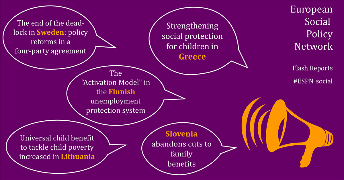 Speech balloons with a summary of recent social policy developments in Finland, Greece, Lithuania, Slovenia and Sweden