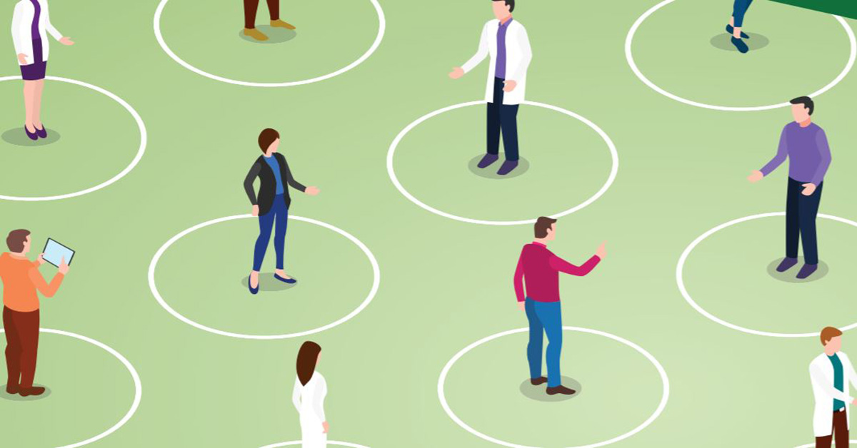 Illustration of several people each standing on separate circles drawn on the ground